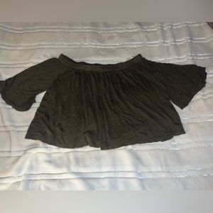 Dark green, three, quartered sleeve off the shoulder flowy crop top blouse